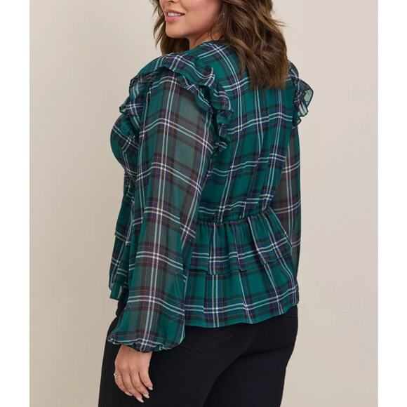 Torrid Chiffon Ruffled Surplice Crop Top Long Sleeve Plaid Green Womens Size 1 - Picture 2 of 8